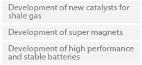 Development of new catalysts for shale gas, Development of super magnets, Development of high performance and stable batteries